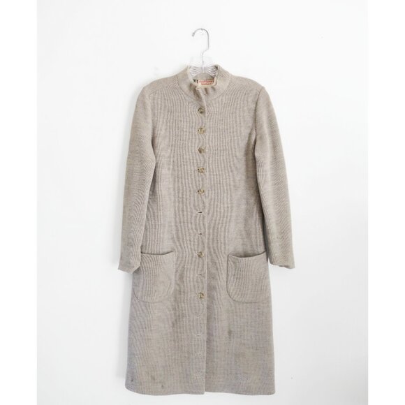 Vtg 60 70s Chuck Howard Taupe Oatmeal Beige Wool Button Down Sweater Dress S M - Picture 3 of 9